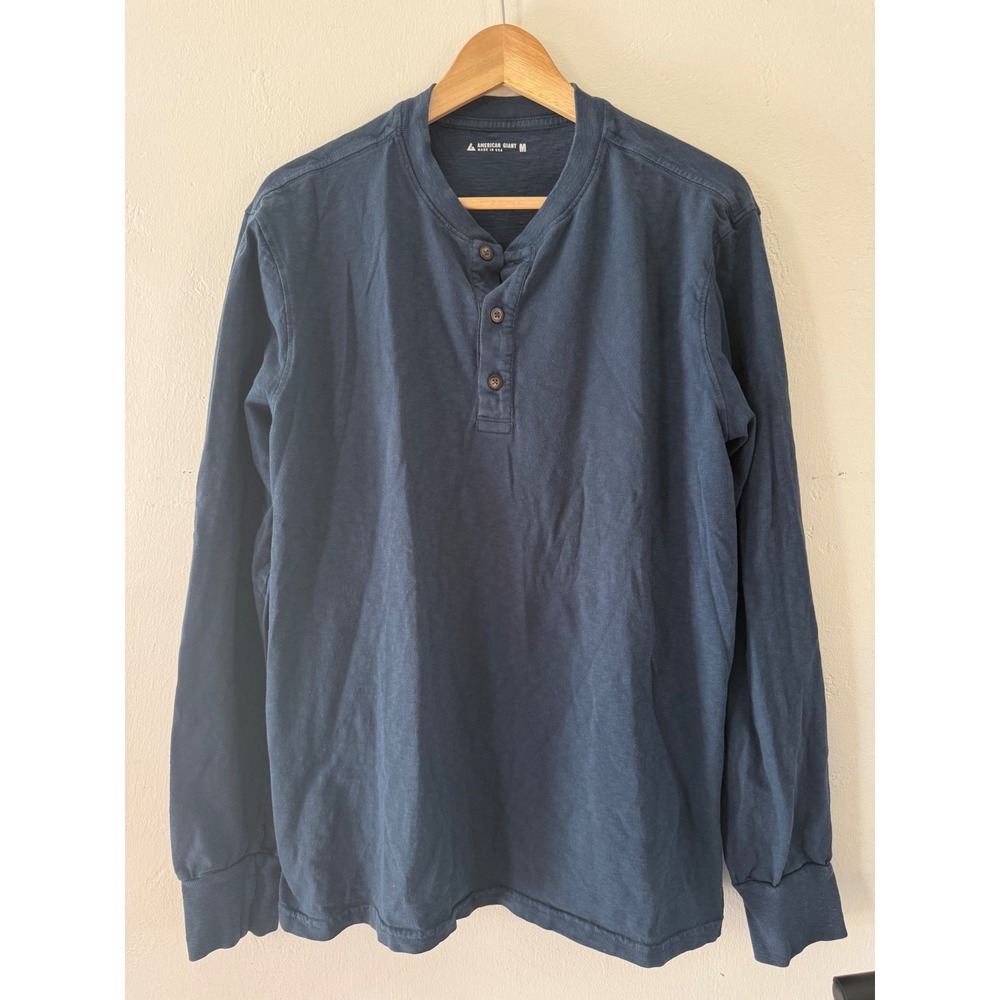 American Giant Mens Long Sleeve Henley Shirt Navy Blue Cotton Made in USA Size M